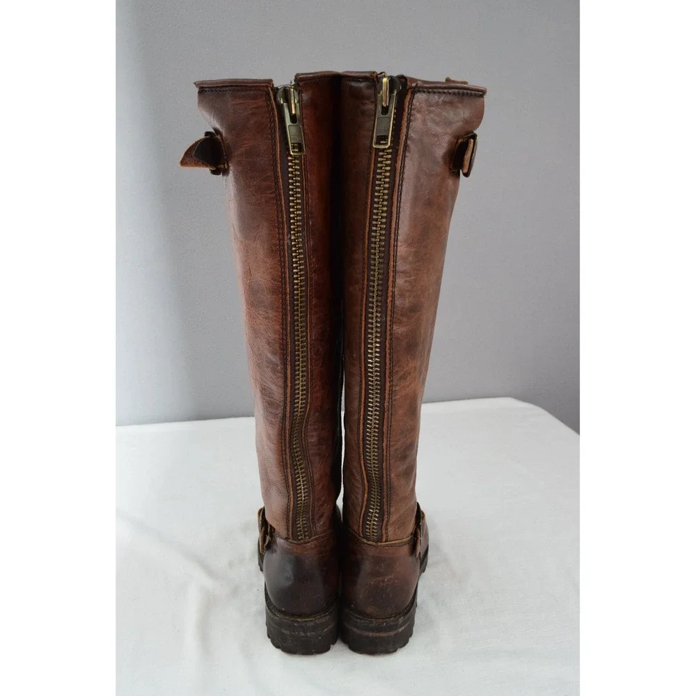 Freebird Leather Knee High Boots 6 Battle Brown Riding Motorcycle Buckle Zip